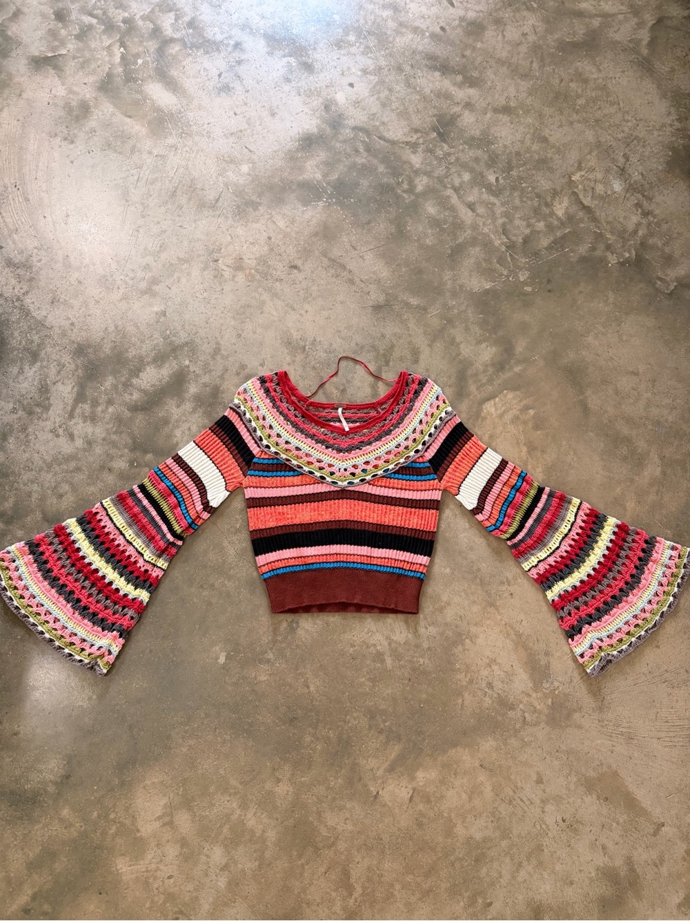 Free People Crochet Bell Sleeve Crop Sweater XS Boho Festival Stripe - Picture 3 of 9